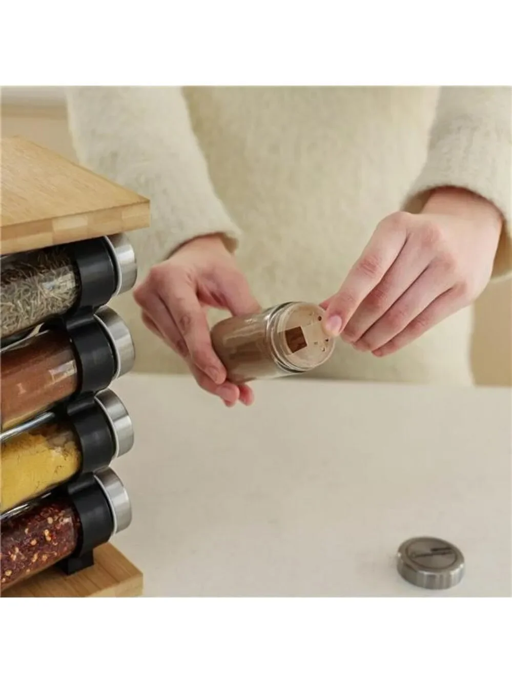 Rotating spice rack with 16 jars pre filled spices countertop organizer carousel